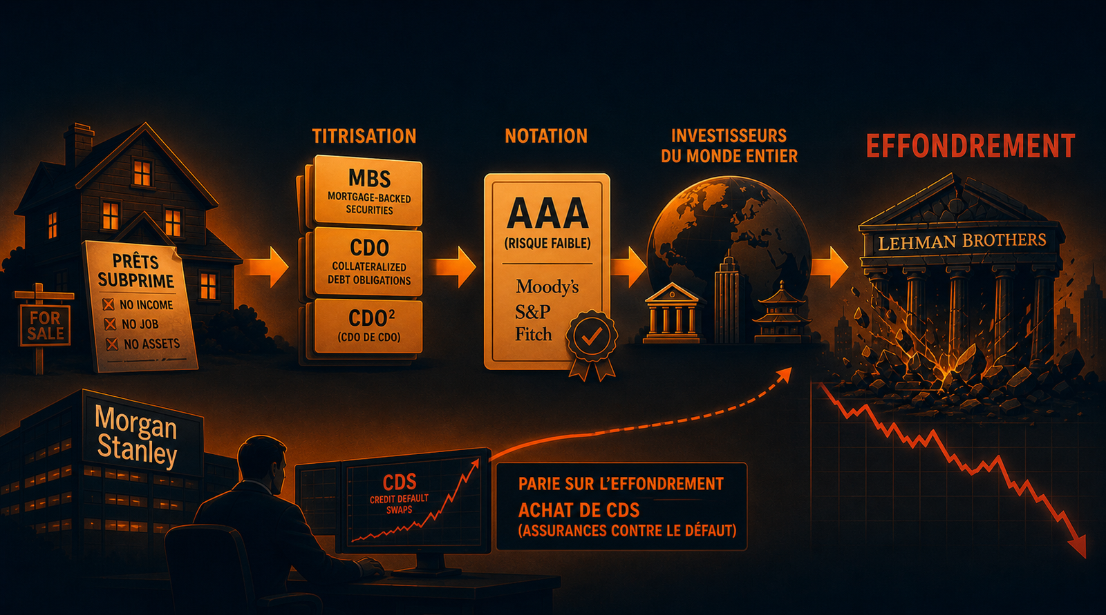 Crise des subprimes 2008 : de la titrisation des prêts NINJA en MBS et CDO, notés AAA par Moody's S&P et Fitch, à l'effondrement de Lehman Brothers, et la manœuvre parallèle des Credit Default Swaps (CDS) pour parier sur la crise (Morgan Stanley)